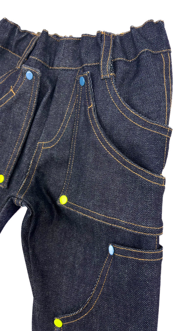 Pantalon enfant en jeans bleu – résistant, évolutif et réparable et 6 patchs iclus