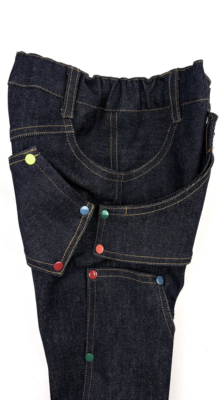 Pantalon enfant en jeans noir – résistant, évolutif et réparable et 6 patchs iclus