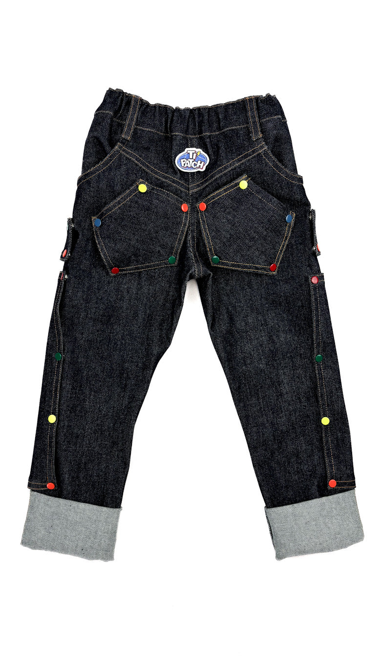 Pantalon enfant en jeans noir – résistant, évolutif et réparable et 6 patchs iclus